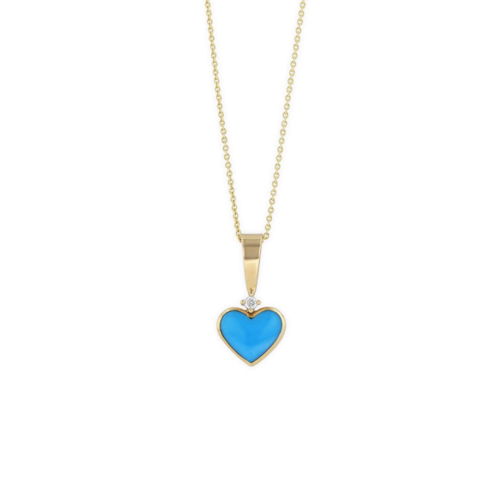 14K yellow gold Pendant with Turquoise Heart Inlay and one=.02twt round brilliant diamond with G color and VS clarity
