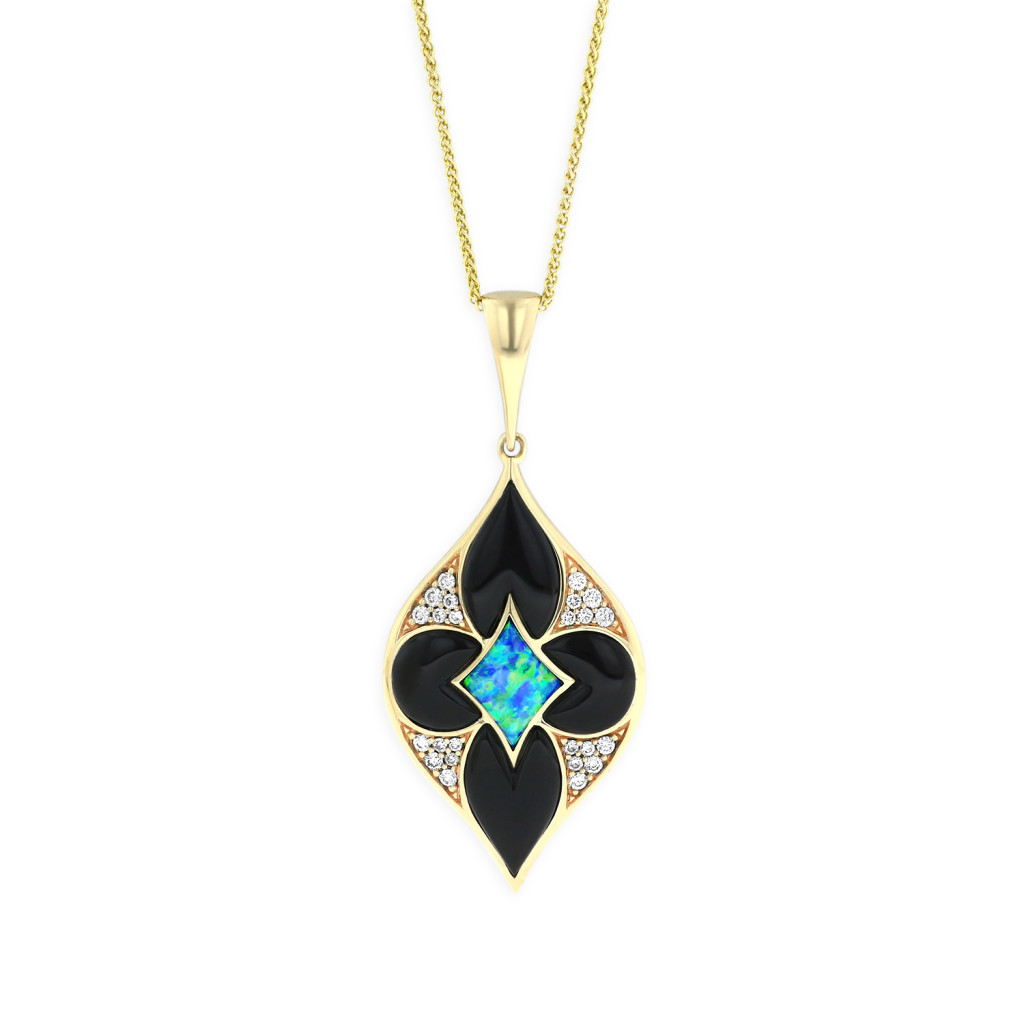 14 Karat gold Pendant With One Opal  4  Onyxs And 0.24 Twt Diamonds with G color and SI clarity