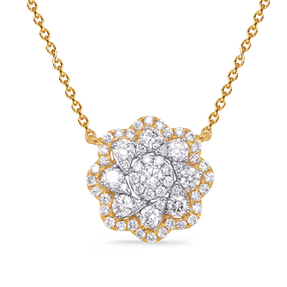 14 Karat yellow gold flower pendant with 60=0.77 total weight round brilliant G VS Diamonds