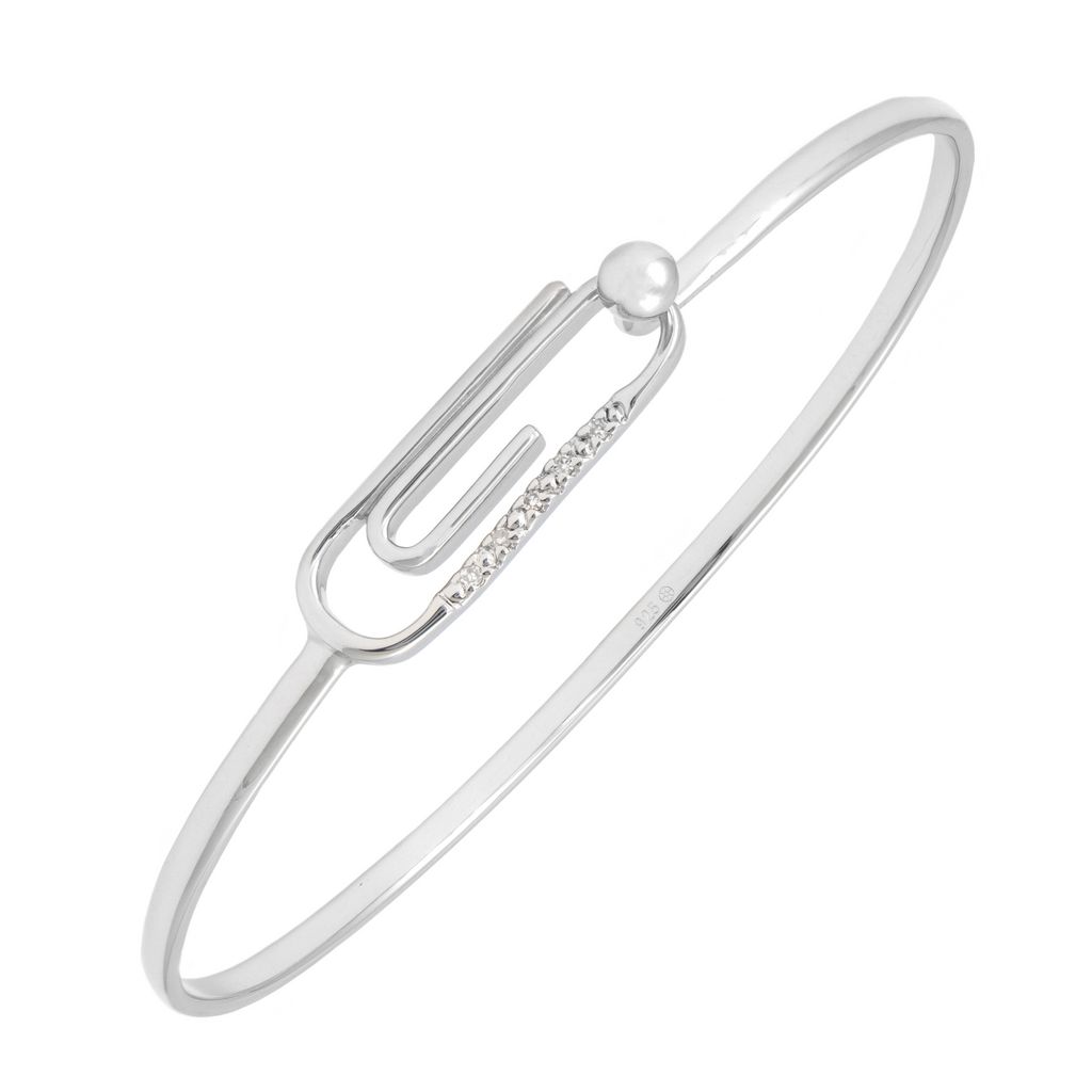 Sterling Paperclip Bangle Bracelet with 5=0.05tw Round Brilliant G I Diamonds