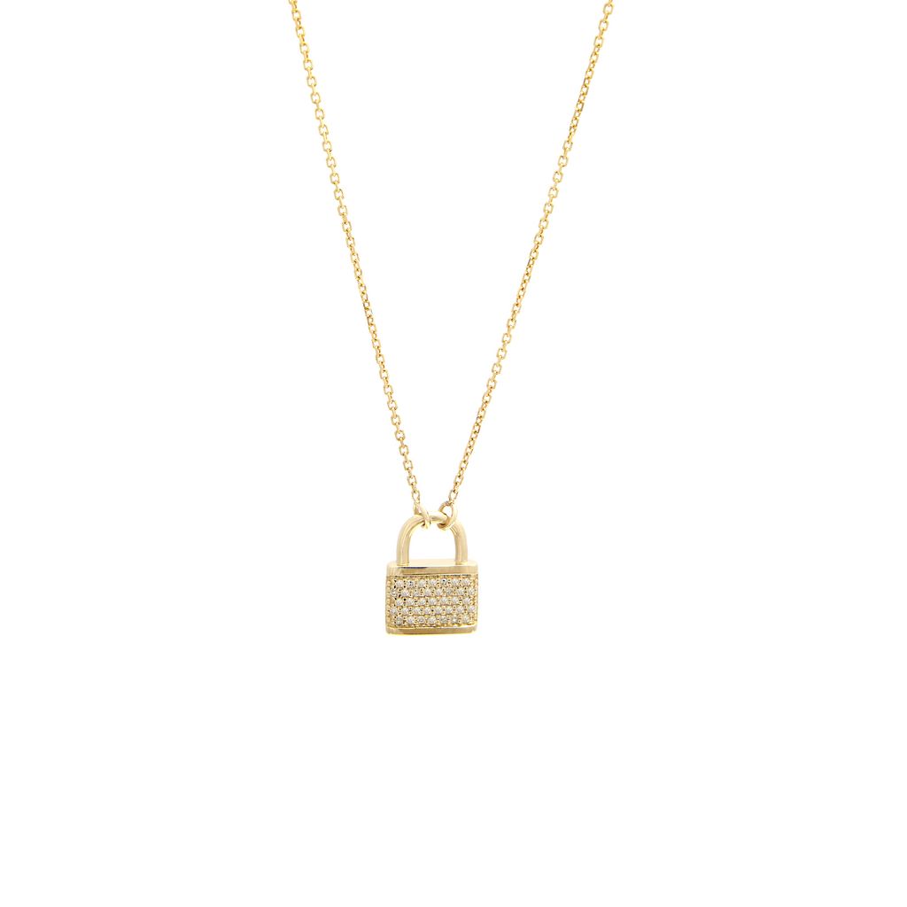 Yellow 14 Karat Lock Necklace with 35=0.12tw Round Brilliant G I Diamonds