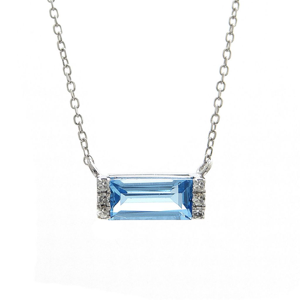 Sterling bar necklace with one 0.55ct emerald cut BlueTopaz and 6=0.02tw single cut Diamonds