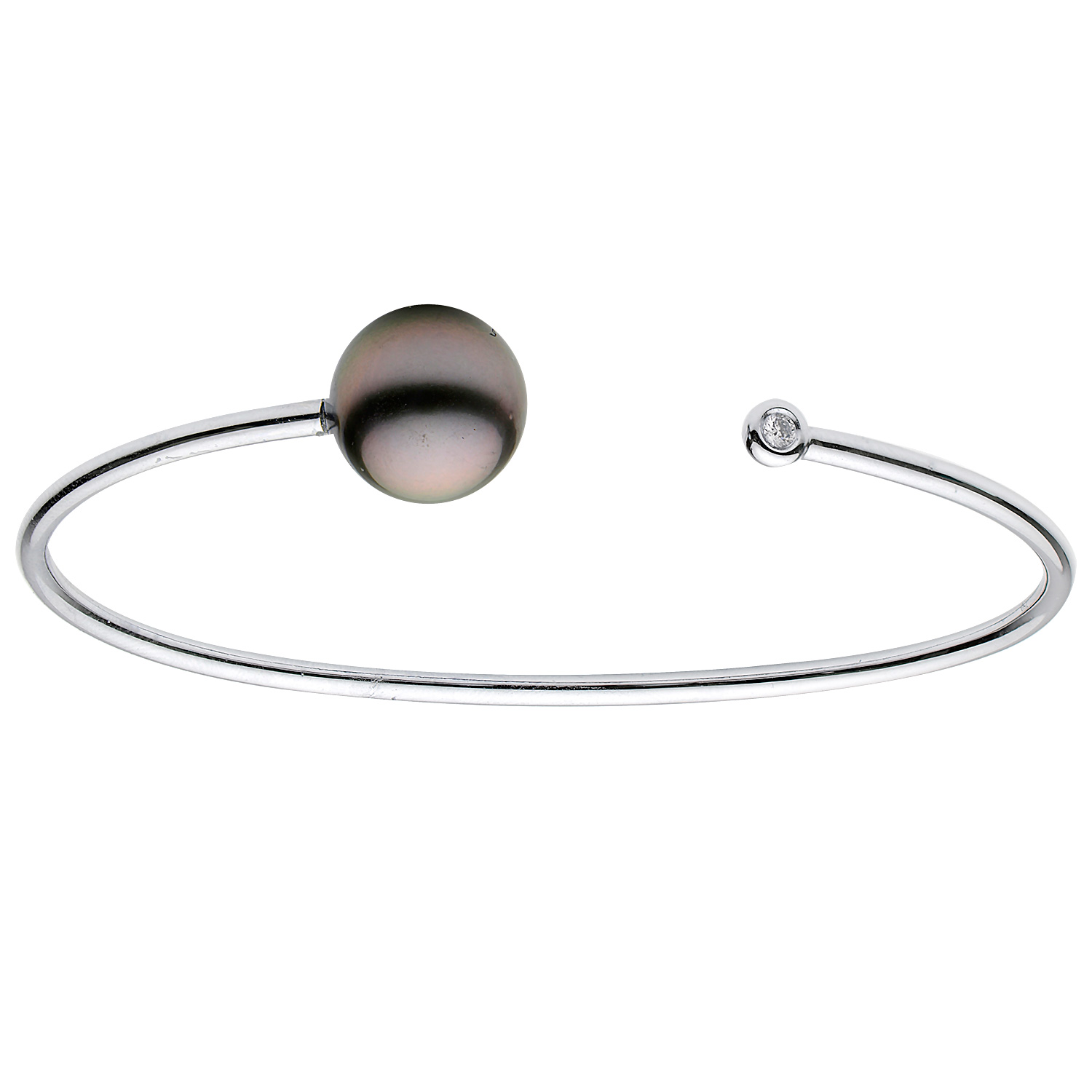 18 Karat white gold bangle with One 11.00mm Tahitian Pearl and One 0.03Ct Round Brilliant G Vs Diamond