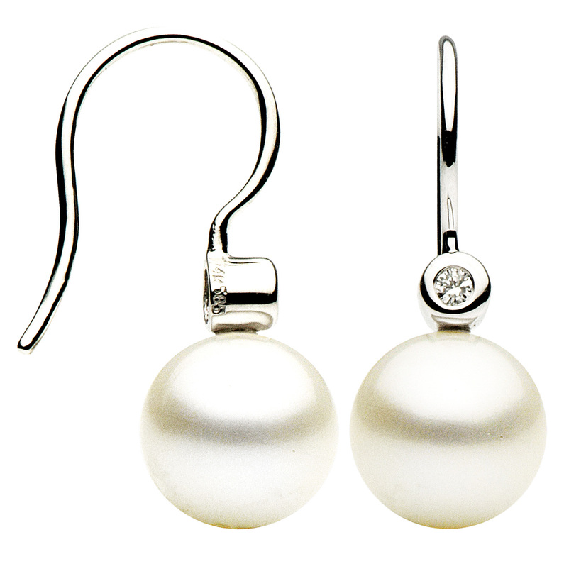 Lady s White 18 Karat Dangle Earrings 2=9.00-10.00mm Cultured Pearls  2=0.06tw Round G VS Diamonds
