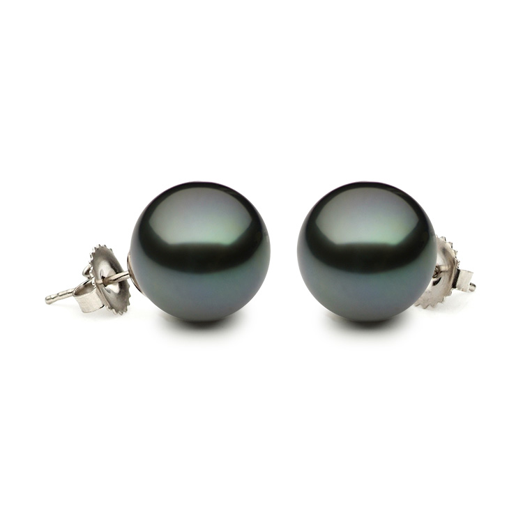 White 14 Karat Stud Earrings with 2=11.00-11.50mm Tahitian Black Pearls