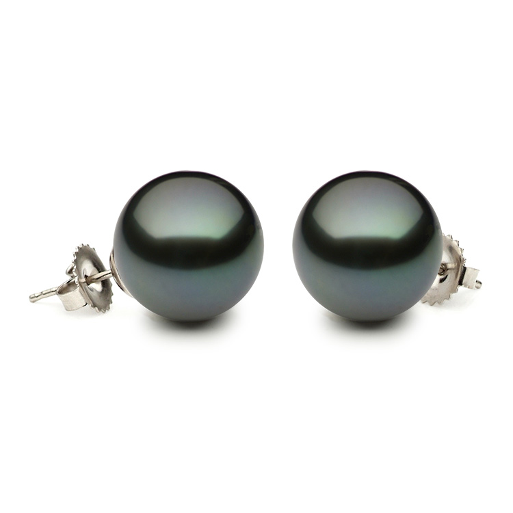 White 14 Karat Stud Earrings With 2=12.00-12.50Mm Tahitian Black Pearls