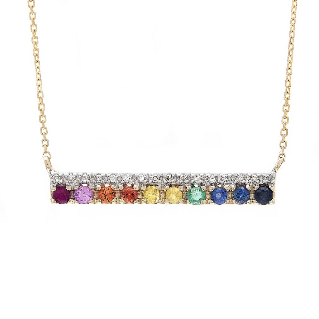 Yellow 14 Karat Bar Necklace with10=0.48tw Round Sapphires and   16=0.05tw Round Brilliant G I Diamonds