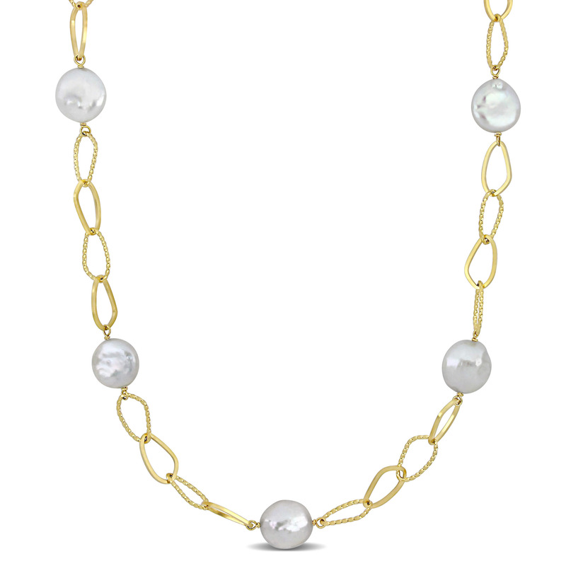 14-15 MM Cultured Freshwater Coin Pearl Station Chain Necklace in 18k Yellow Gold Plated Sterling Silver - 36 in.