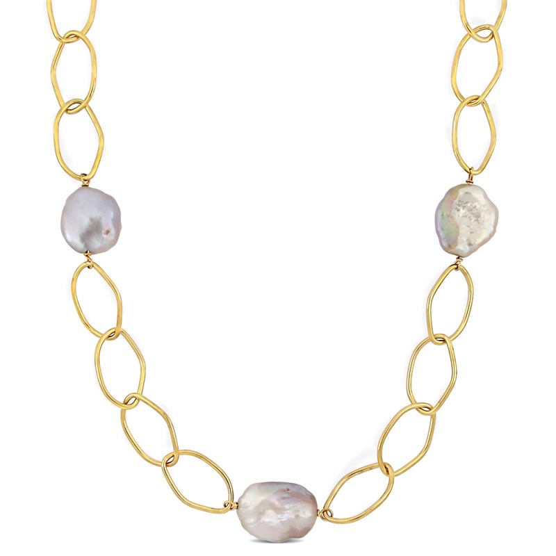 14 - 20 MM Pink Cultured Freshwater Fancy Shape Pearl 26+1.5 Ext. Necklace in Silver 18K Yellow Gold Plated Sterling Silver