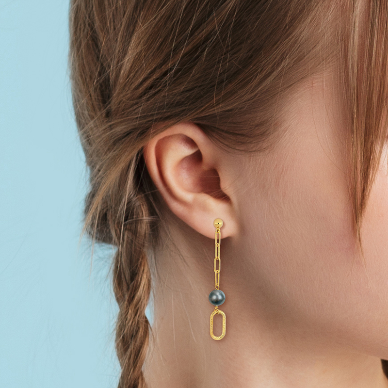 9-10 MM Dyed Grey Cultured Freshwater Pearl Oval Link Earrings in 18k Yellow Gold Plated Sterling Silver