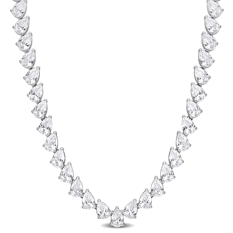 39 1/2 CT TGW Created White Sapphire Teardrop Tennis Necklace in Sterling Silver - 18 in.