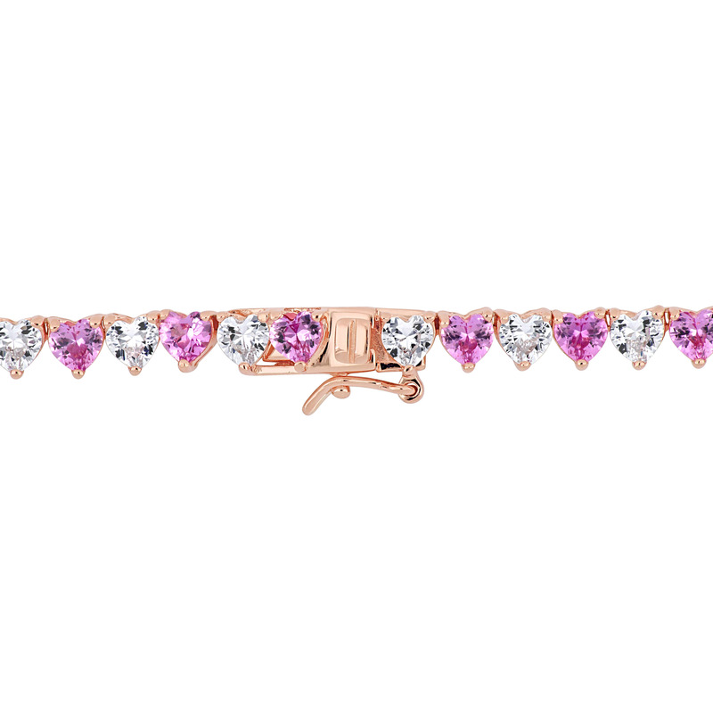 31 1/5 CT TGW Created Pink and White Heart-Cut Sapphire Necklace in Rose Silver Tongue and Groove Clasp - 18 in.