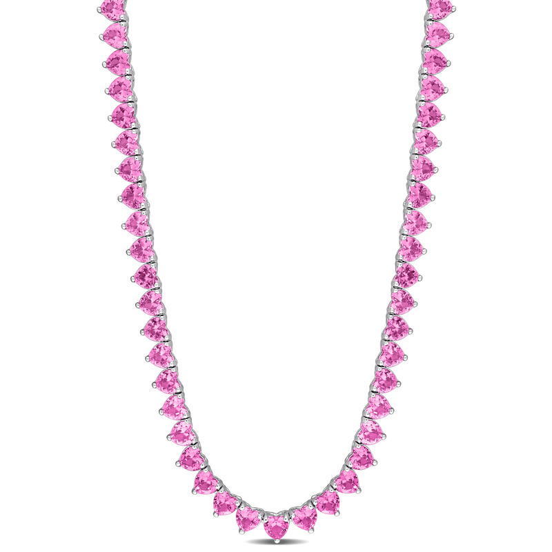 31.2 CT TGW Created Pink Sapphire Tennis 18" Necklace in Sterling Silver