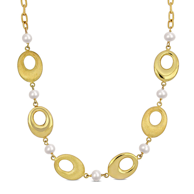 6 - 7 MM Cultured Freshwater Pearl Oval Disc Station 20 Necklace Silver in Silver 18K Yellow Gold Plated Sterling Silver