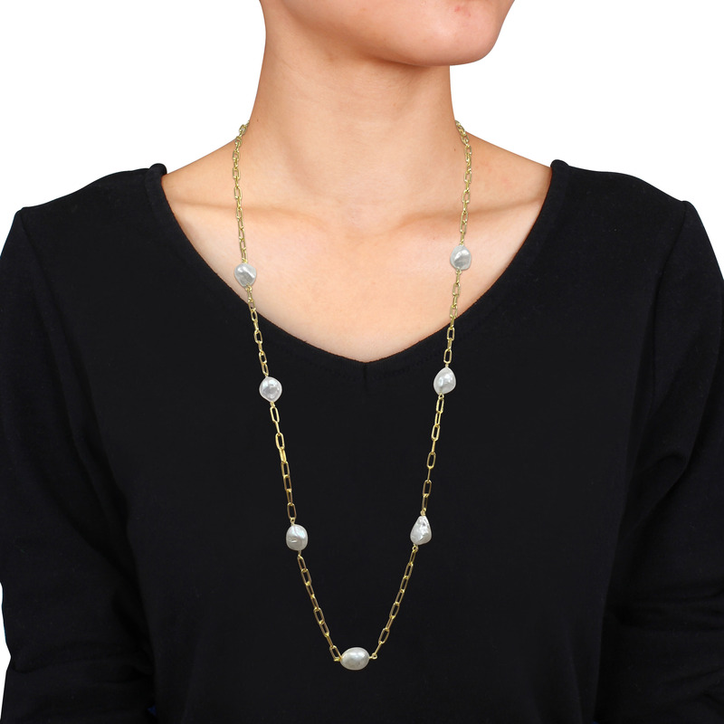 12-14 MM Cultured Freshwater Coin Pearl Station Chain Necklace in 18k Yellow Gold Plated Sterling Silver - 34 in.