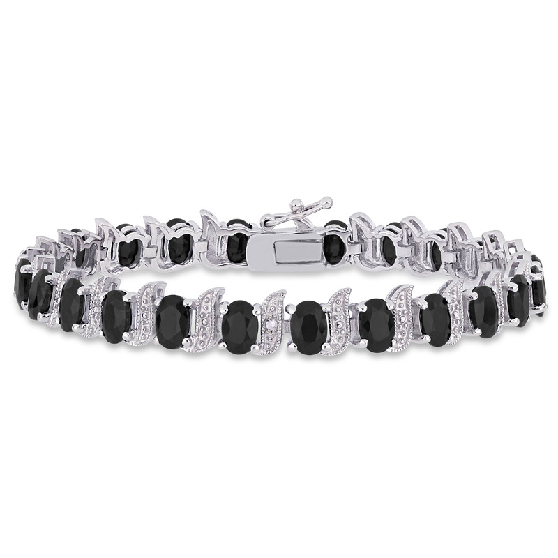 14 7/8 CT TGW Black Sapphire and Diamond S-Link Bracelet in Sterling Silver