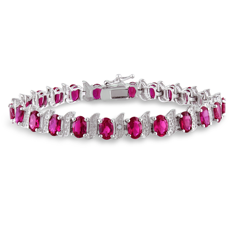 18 CT TGW Created Ruby and Diamond S-Link Bracelet in Sterling Silver - 7 in.