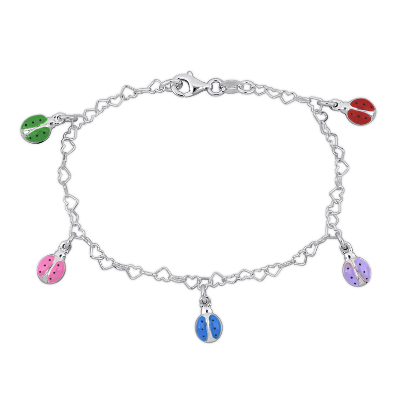 Multi-color Enamel Ladybug Charm Heart Link Chain Bracelet in 14k Yellow Gold - 7 in.
