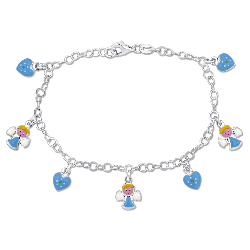 Angel and Heart Charm Station Bracelet in Sterling Silver - 7.5 in.
