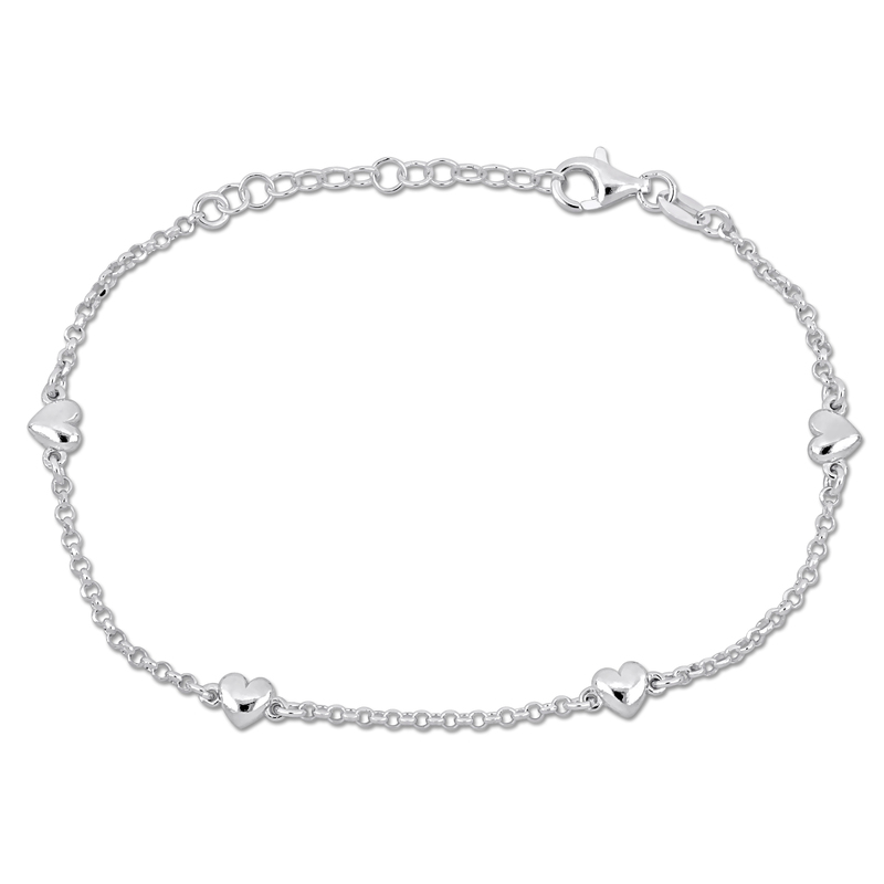 Heart Charm Station Bracelet on diamond Cut Rolo Chain in Sterling Silver- 7+1 in.