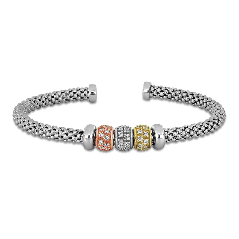 5/8ct TGW Cubic Zirconia Rectangular Cluster Stretch Omega Bangle in Sterling Silver