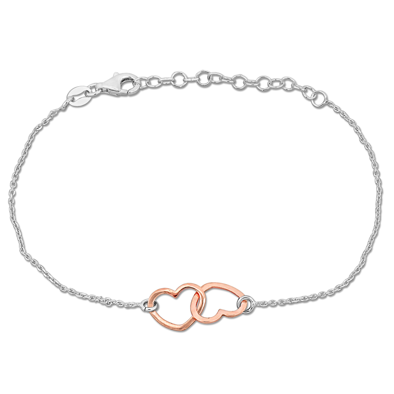 Double Rose Heart Charm Bracelet in Rose and Sterling Silver - 7+1 in.