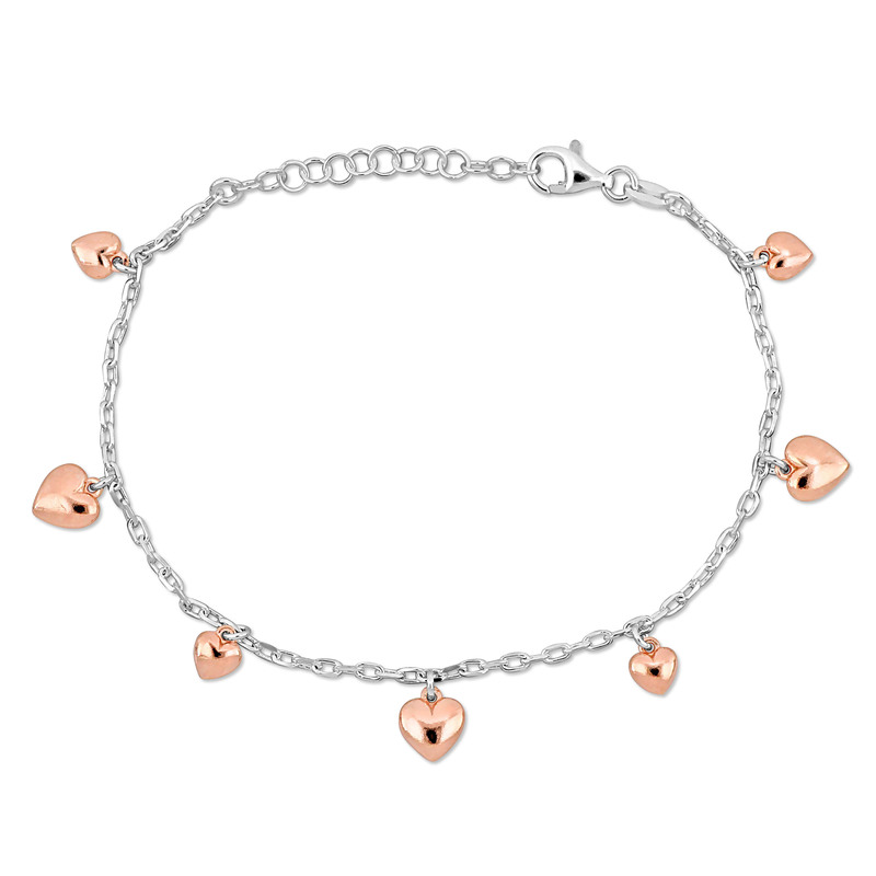 Heart Charm Bracelet on 1.85mm Diamond Cut Cable Chain in Two-Tone Sterling Silver - 6.5+1 in.