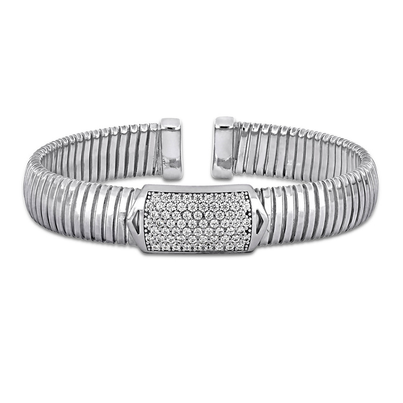 5/8ct TGW Cubic Zirconia Rectangular Cluster Stretch Omega Bangle in Two-Tone Sterling Silver