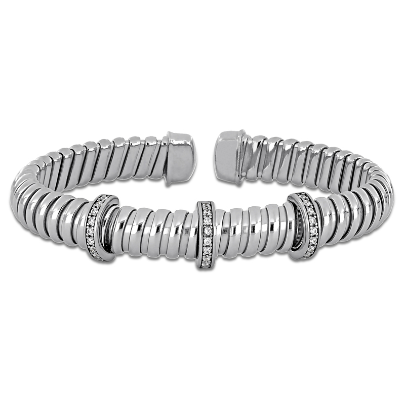 1 1/5ct TGW Cubic Zirconia Graduated Bypass Wrap Flat Omega Stretch Bangle in Sterling Silver