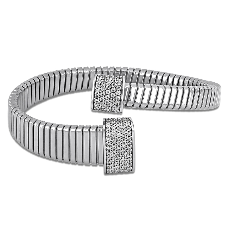 1 1/5ct TGW Cubic Zirconia Graduated Bypass Wrap Flat Omega Stretch Bangle in Two-Tone Sterling Silver