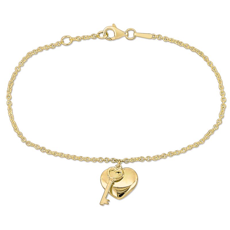 Heart And Key Charm Chain Bracelet in Yellow Plated Sterling Silver - 6.25 in.