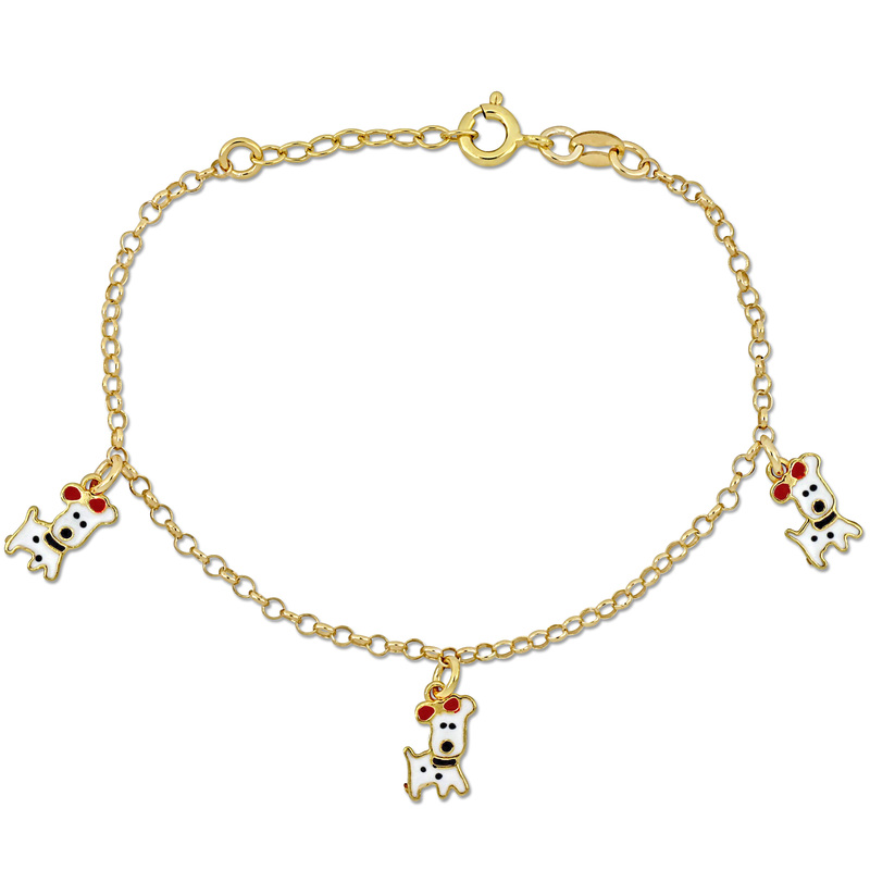 Enamel Dog Charm on 2mm Rolo Link Chain Station Bracelet in Yellow Plated Sterling Silver - 6.5+0.5 in.