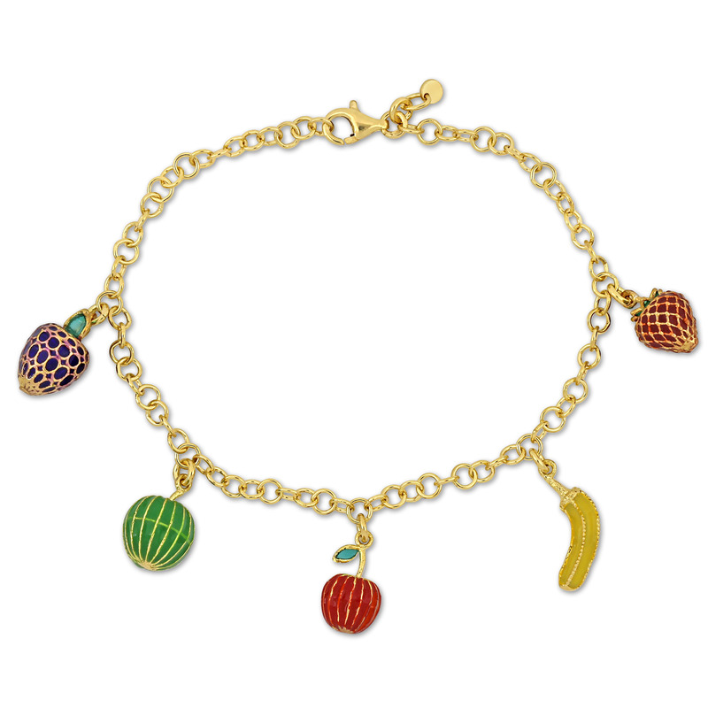 Silver Yellow Multi-Fruit Enamel 7.5 Bracelet in Yellow Plated Sterling Silver