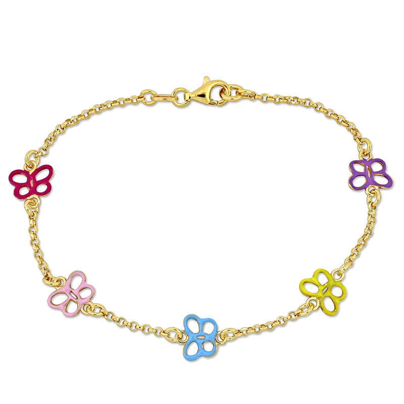 Multi-color Enamel Butterfly Charm Link Chain Bracelet in Yellow Plated Sterling Silver - 7.5 in.