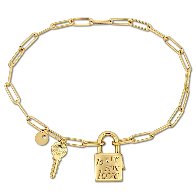 Lock and Key Charm Paper Clip Bracelet in Yellow Plated Sterling Silver - 7.5 in.