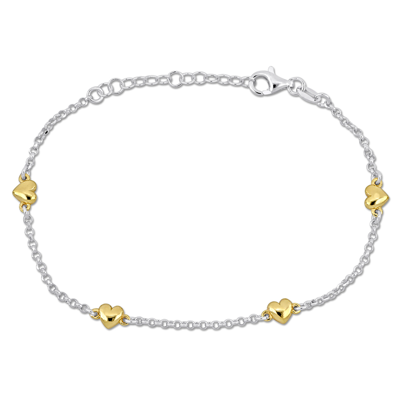 Four Yellow Heart Charm Station Bracelet on Rolo Chain in Two-Tone Sterling Silver- 7+1 in.