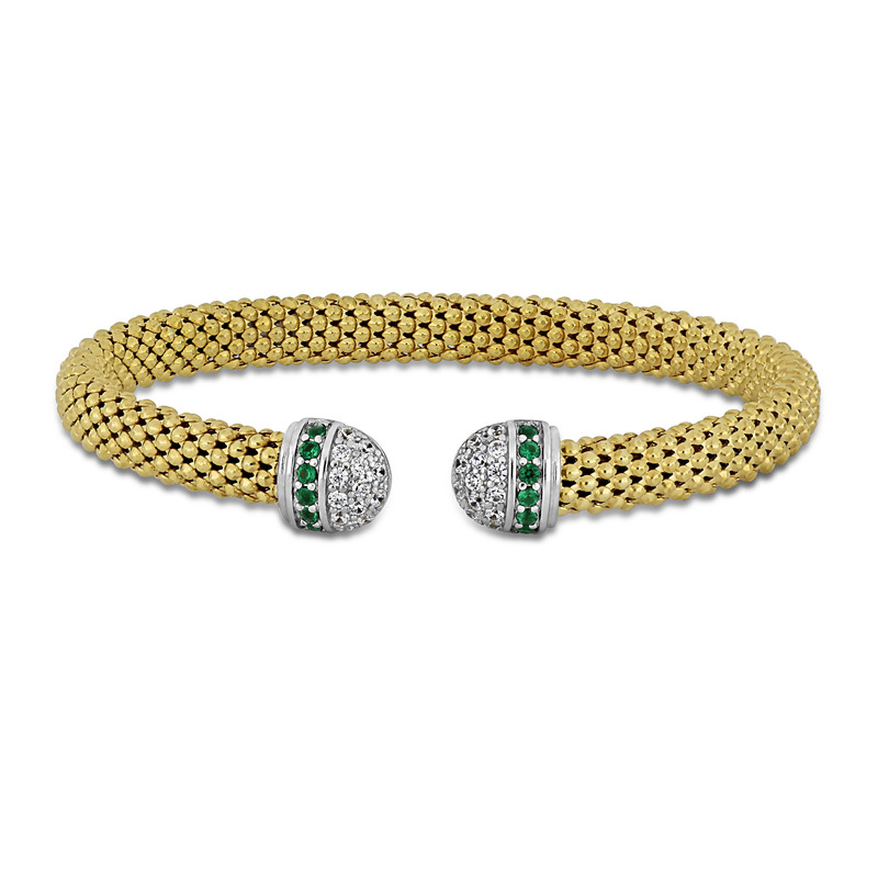 1/5ct TGW Cubic Zirconia and 10x8mm Malachite Omega Stretch Bangle in Yellow Plated Sterling Silver