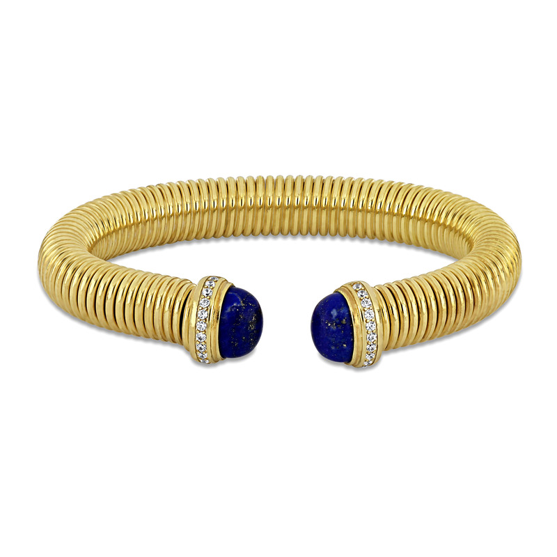 1/5ct TGW Cubic Zirconia and 5x11mm Half Moon Lapis Omega Stretch Bangle in Yellow Plated Sterling Silver