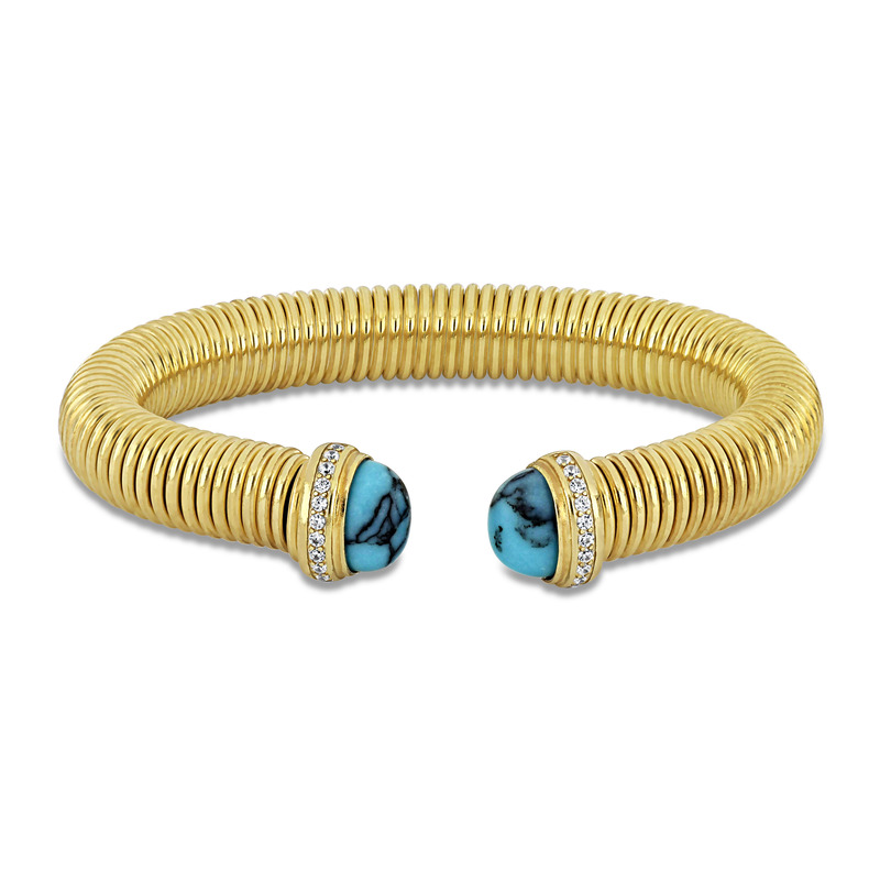 1/5ct TGW Cubic Zirconia and 5x11mm Half Moon Composite Turquoise Omega Stretch Bangle in Yellow Plated Sterling Silver