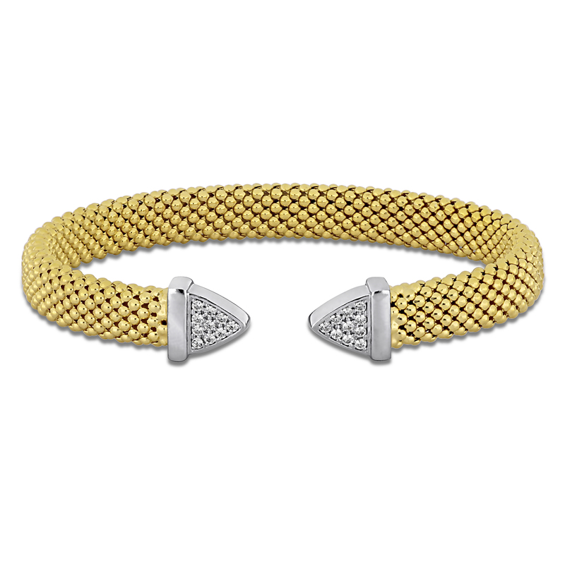 1/5ct TGW Cubic Zirconia Open Popcorn Stretch Bangle in Two-Tone Yellow and White Sterling Silver