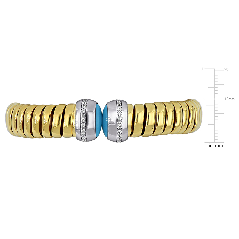 1ct TGW Cubic Zirconia and 9x7mm & 9x6mm Composite Turquoise Omega Stretch Bangle in Two-Tone Sterling Silver