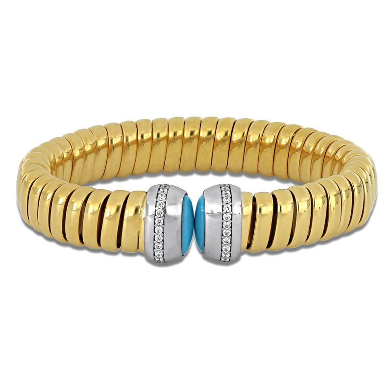 1ct TGW Cubic Zirconia and 9x7mm & 9x6mm Composite Turquoise Omega Stretch Bangle in Two-Tone Sterling Silver