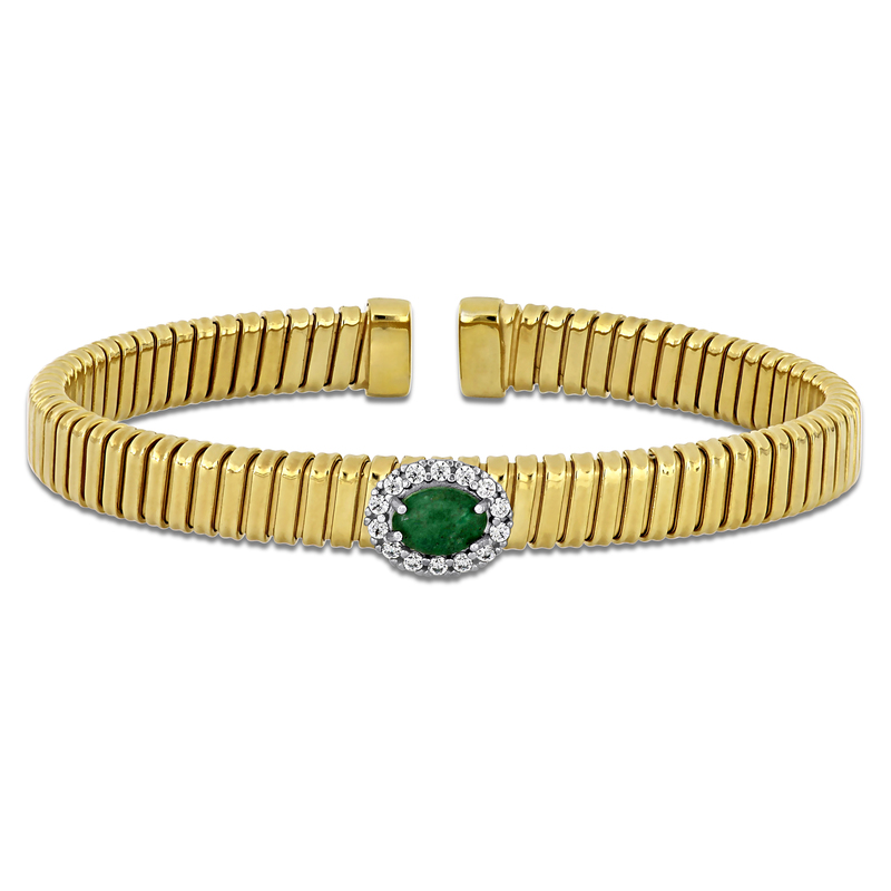 1/5ct TGW Cubic Zirconia and 12x11mm Tiger Eye Omega Stretch Bangle in Yellow Plated Sterling Silver