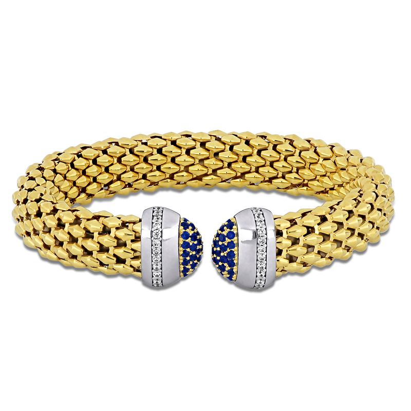 1/7ct TGW Cubic Zirconia and 4.5x6.5mm Black Onyx Omega Stretch Bangle in Two-Tone Sterling Silver