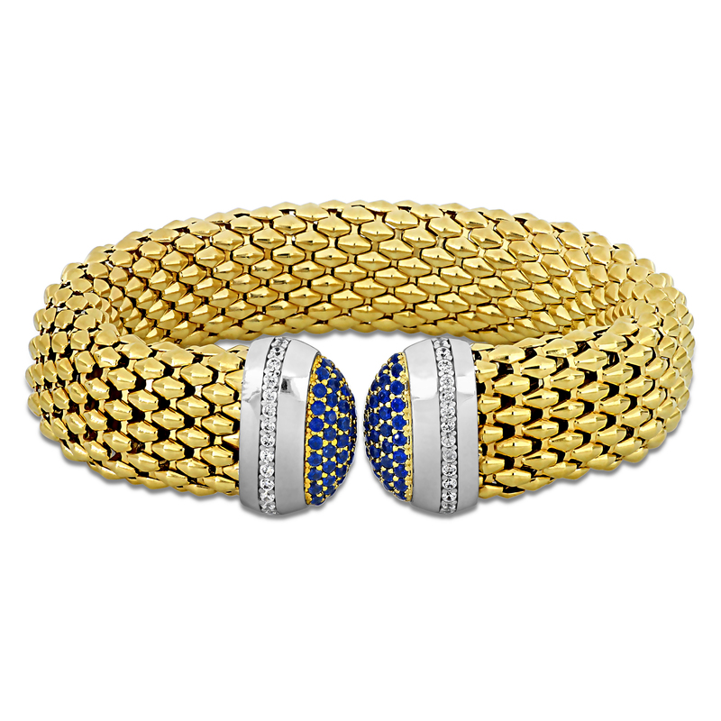 1/4ct TGW Cubic Zirconia and 1.5x5.5mm Composite Turquoise Omega Stretch Bangle in Two-Tone Sterling Silver