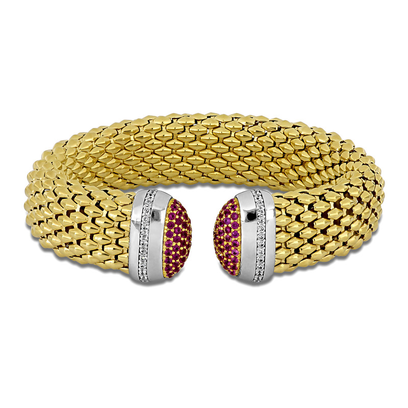 4/5ct TGW Green and White Cubic Zirconia Popcorn Open Stretch Bangle in Two-Tone Sterling Silver