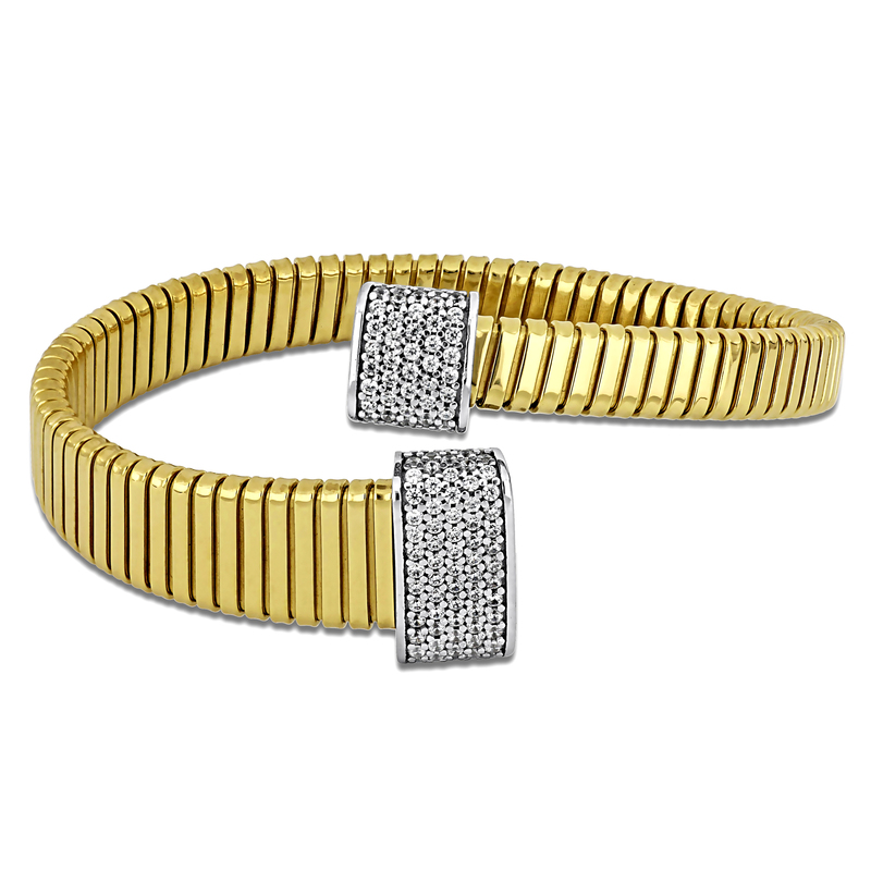 3/4ct TGW Cubic Zirconia Graduated Bypass Wrap Omega Stretch Bangle in Two-Tone Sterling Silver