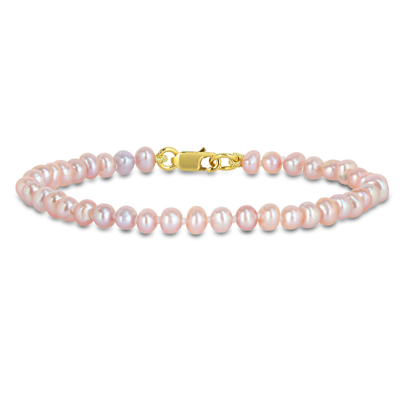 3-4mm Pink Cultured Freshwater Pearl Bracelet with Yellow Plated Sterling Silver Clasp - 6 in