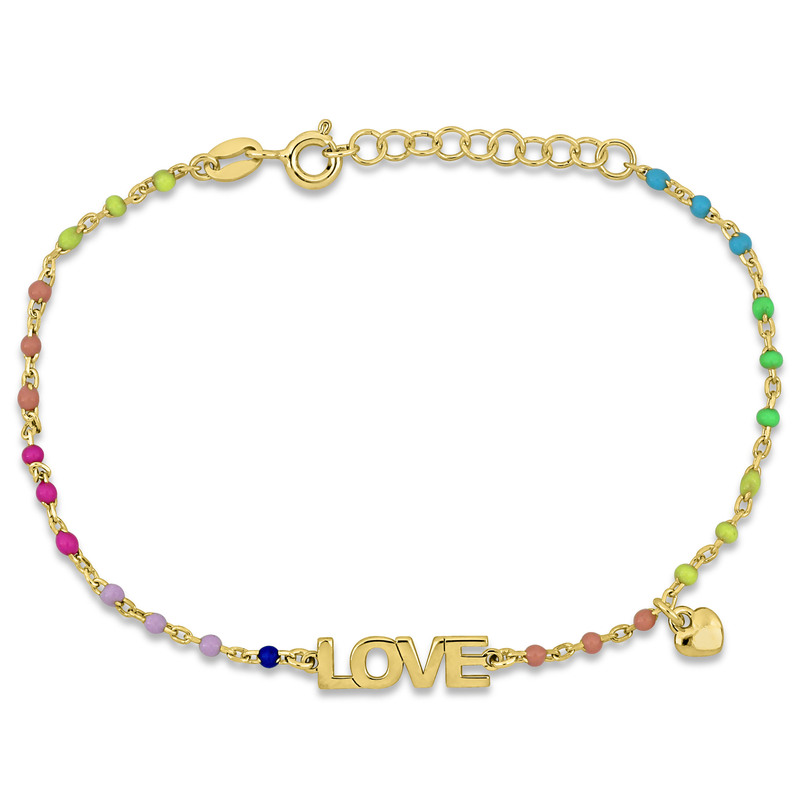 Multi-color Enamel LOVE and Heart Charm Bracelet in Yellow Plated Sterling Silver - 6.5+1 in.