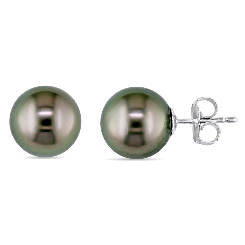 9 - 9.5 MM Black Tahitian Cultured Pearl Stud Earrings in 14k White Gold